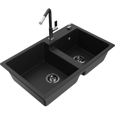 Mexen Tomas гранитна мивка с 2 камери и кухненски смесител Flora, черен - 6516-77-670401-07-B (6516-77-670401-07-B)