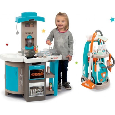 Smoby Set kuchyňka skládací Tefal Opencook Bubble modrá s magickým bubláním a kávovarem a úklidový vozík s elektronickým vysavačem