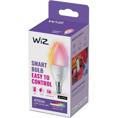 Philips Смарт LED RGBW димируема крушка WiZ Smart Bulb Candle 4.9W, 470 lm, E14, 16 милиона цвята (BT, Zigbee, Matter, Apple Home, Google, Alexa, SmartThings) (929002448822)