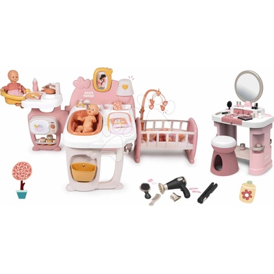 Smoby Set domček pre bábiku trojkrídlový a kozmetický stolík so stoličkou Large Doll´s Play Center Soft Baby Nurse a kaderníčka s elektronickým fénom