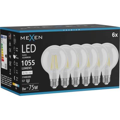 Mexen Vintis 6x LED крушка филамент E27, G80, 8W, Неутрална - 4000K, 1055 lm, прозрачен (L155-E27-0840-00x06)