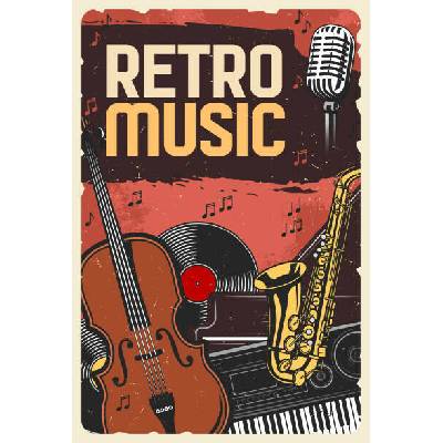 Plagát, Obraz - Retro music poster, instruments and vinyl, seamartini, 26.7 × 40 cm