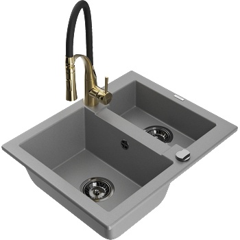 Mexen Carlos гранитна кухненска мивка 1, 5-коморна с кухненски смесител Aster, сива - 6518-71-73450-57-B (6518-71-73450-57-B)