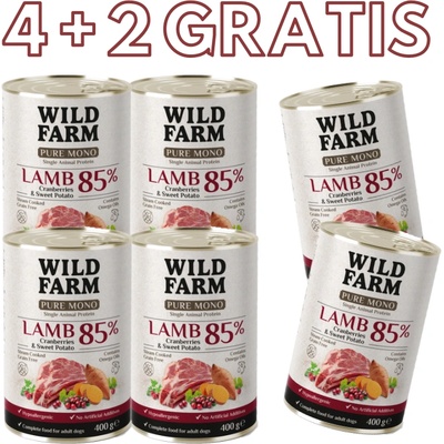 WILD FARM PURE MONO Агнешко с червени боровинки и сладки картофи 6x400 г - монопротеинова храна за кучета