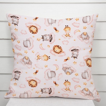 Biante bavlna Sandra SA-658 Africké zvieratká na ružových obláčikoch na bielom 50 x 70 cm