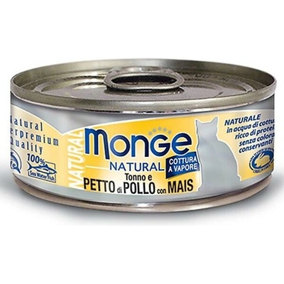 MONGE Natural Cat tuniak s kuracími prsiami a kukuricou 80 g