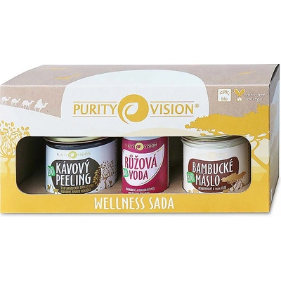 Purity Vision Wellness kávový tělový peeling 110 g + růžová voda s regeneračním účinkem 50 ml + BIO 100% bambucké máslo 120 ml dárková sada – Zboží Mobilmania