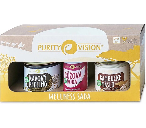 Purity Vision Wellness kávový tělový peeling 110 g + růžová voda s regeneračním účinkem 50 ml + BIO 100% bambucké máslo 120 ml dárková sada