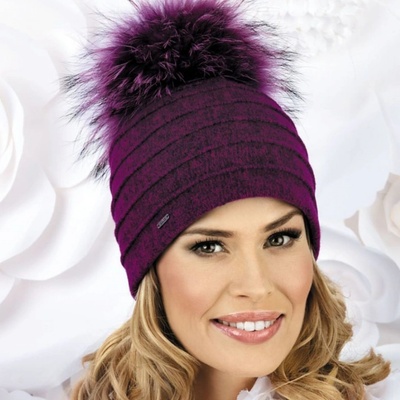 Krumlovanka dámská vlněná čepice s bambulí W-0525/549M fialová melange