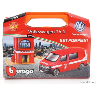 Bburago Accessories Diorama Set Build Your City Fire Station Caserma Vigili Del Fuoco With Volkswagen T6 Minibus Červená Bílá 1:43