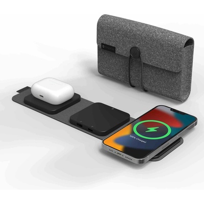 mophie Snap Plus 3-in-1 Travel Charger - сгъваема поставка (пад) за безжично зареждане за iPhone с MagSafe, Qi съвместими устройства и USB-C и USB-A портове (черен)