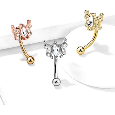 Šperky eshop zahnutý ocelový piercing do obočí motýl s bříškem a křídly z čirých kamínků Z04.14 měděná