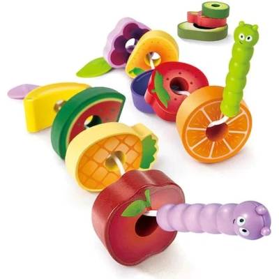 Hape Дървен комплект за нанизване Hape - Празник с плодове и гъсеници (H1072)