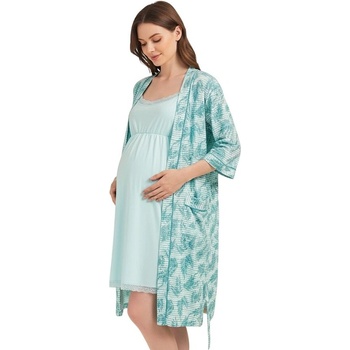 Комплект халат и нощница за бременни в цвят мента