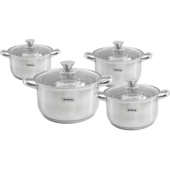 Rosberg Комплект тенджери Rosberg R51210L8, 8 ч, Двойно дъно, 1.8-5.8 литра, Индукция, Инокс