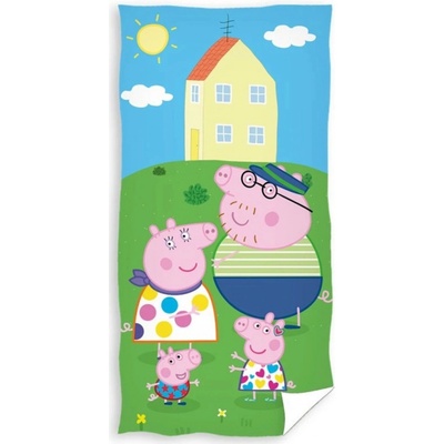 Carbotex Dětská plážová osuška PRASÁTKO PEPINA PEPPA ZÁBAVA NA ZAHRADĚ zeleno modrá 70 x 140 cm