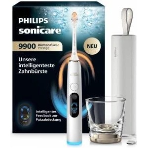 Philips Sonicare Next-Generation DiamondClean 9900 Prestige Electric Toothbrush - smart feedback on brushing coverage, intelligent pressure control, and 24 settings, Silver White, HX9813/91