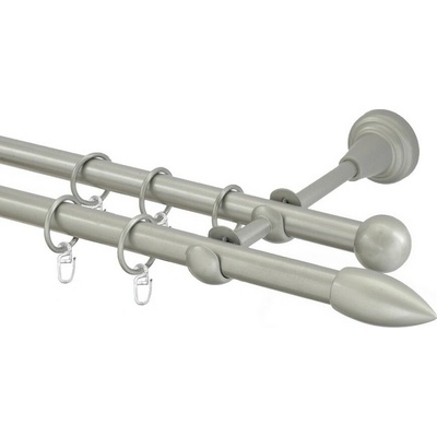 OK-GarnýžeCZ Garnýž kovová dvouřadá 16mm Špice stříbrná mat 410 cm do stěny / kroužky s háčkem