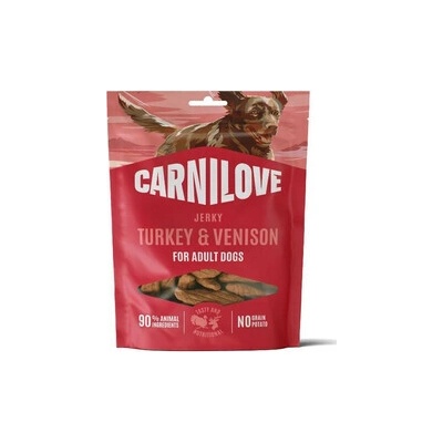 CARNILOVE Dog Jerky Turkey with Venision maškrty s morčacím a diviakom pre dospelých psov 100 g