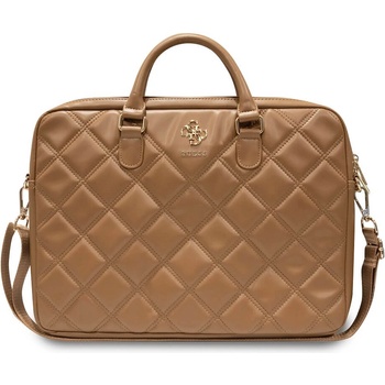 GUESS PU Quilted 4G Metal Logo Laptop Bag 16 - луксозна дизайнерска чанта с дръжки и презрамка за преносими компютри до 16 инча (кафяв)