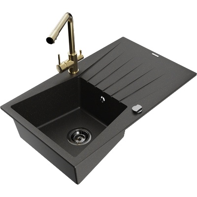 Mexen Cesar гранитна мивка с 1 отделение с отцедник и кухненски смесител Duero, черен/златен металик - 6514-75-671600-50-B (6514-75-671600-50-B)