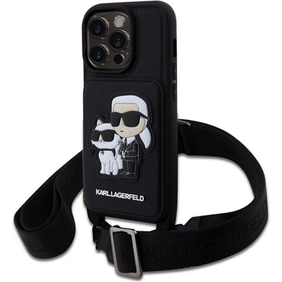 KARL LAGERFELD Saffiano Crossbody Karl and Choupette NFT Case - дизайнерски кожен кейс с връзка за носене за iPhone 14 Prо Max (черен)