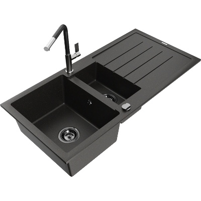 Mexen Andres гранитна мивка 1, 5-коморна с отцедник и кухненски смесител Flora, черен/златист - 6515-75-670401-07-B (6515-75-670401-07-B)