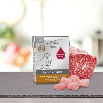 PLATINUM Мокра храна за кучета Platinum Menu Adult Iberico + Turkey с 42% Прясно пуешко месо, 35% Прясно свинско Иберико, 6% Прясно пилешко месо и зеленчуци, 185 gr