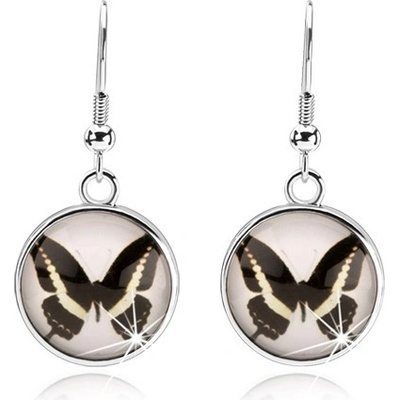 Šperky eshop kruhové kabošon čiré vypouklé sklo černobílý motýlek afro háček SP53.06