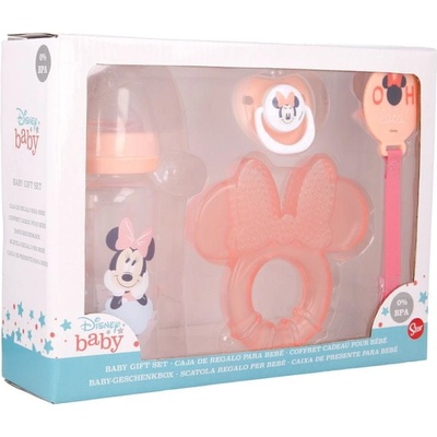 Stor Disney Baby 4 dielny darčekový set Minnie Mouse fľaša hryzátko cumlík a držiak 13108