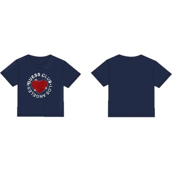 GUESS Тениска в тъмно синьо за момиче с червено текстилно сърце и надписи Guess