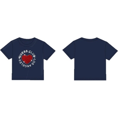 GUESS Тениска в тъмно синьо за момиче с червено текстилно сърце и надписи Guess