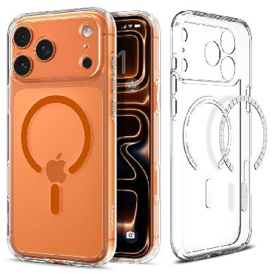 Удароустойчив кейс с MagSafe пръстен за iPhone 17 Pro Max от Spigen Ultra Hybrid Mag - Clear / Orange (8800337242416)