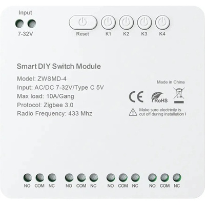 Avatto 4-канален ZigBee комутационен модул с безнапреженов DC 32V контакт Avatto ZWSMMD-4-32V (ZWSMD-4-32V)