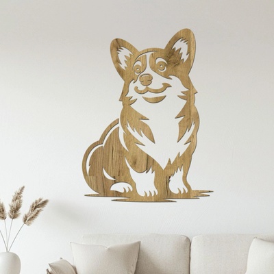 dřevo života Dřevěný obraz sedící Corgi Rozměry (cm): 45x60, Zvolte barvu dekoru: Dub zlatý