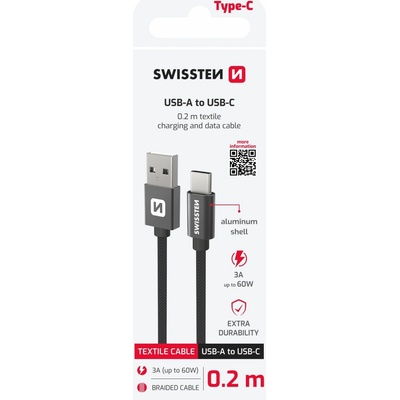Swissten 71521101 USB 2.0 typ A na C, USB 2.0, zástrčka A - zástrčka C, opletený, 0,2m, černý
