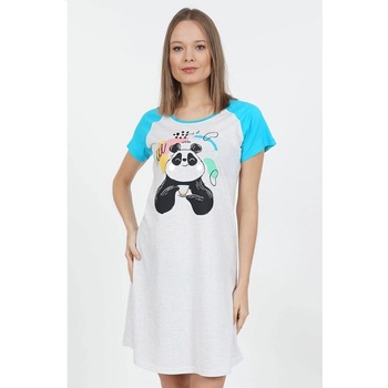 Лятна бледосива нощница със сини ръкави и панда