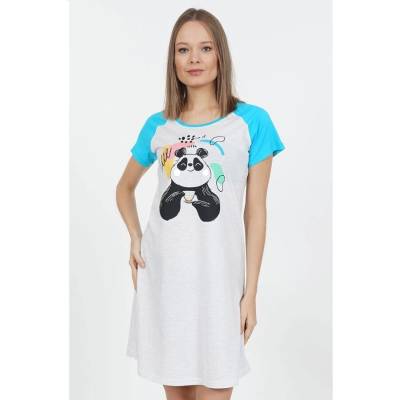 Лятна бледосива нощница със сини ръкави и панда