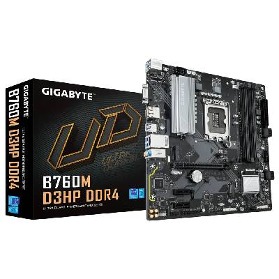 Дънна платка GIGABYTE GB B760M D3Hp DDR4 Micro ATX, LGA1700, 4x DDR4 до 128GB, 2x M. 2 PCIe 4.0, 4x SATA3, HDMI 2.1, DP, VGA, Realtek GLAN, PCIe 4.0 x16, 2x PCIe 3.0 x1