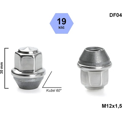 Kolová matice M12x1,5 kužel, klíč 19, DF04 uzavřená, FORD nerezová krytka, výška 30