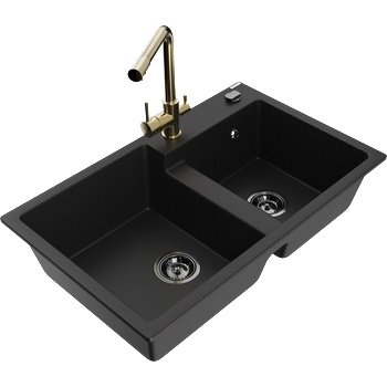 Mexen Tomas гранитна кухненска мивка с две корита и кухненски смесител Duero, черен - 6516-77-671600-50-B (6516-77-671600-50-B)