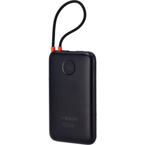 VEGER Външна батерия 10000 mAh с вграден USB-C кабел и 1xUSB-C, 1xUSB-A портове - Veger K1C Power Bank With USB-C Cable 22.5W 10000mAh (черен) (W1189)
