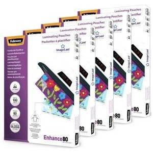 Fellowes Laminating Sheets A4, glossy, laminating film with 80 mic per side, featuring ImageLast alignment aid, for hot lamination, value pack with 500 high-quality laminating sheets (5 packs of 100 sheets eac