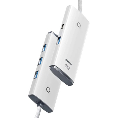 Baseus USB-C Lite Series 5-Port Hub (WKQX030402) - 4-портов USB-A хъб и USB-C вход за компютри и лаптопи с USB-C (1 м) (бял)