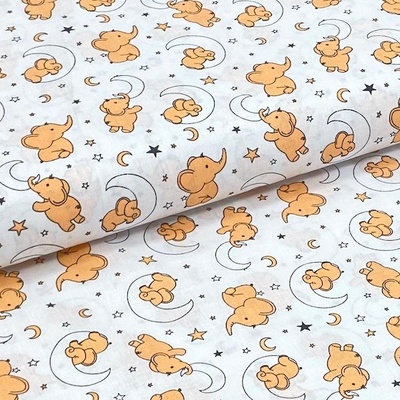 Bavlněné plátno P0689 bílé, oranžová slůňata, š.140