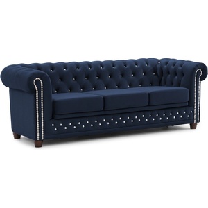 ROPEZ Син кадифен разтегателен диван 203 cm York Blik - Ropez (York Blink Sofa 3os. z f.spania Riviera 81 ( Davis ) l. srebrne, nogi brąz)