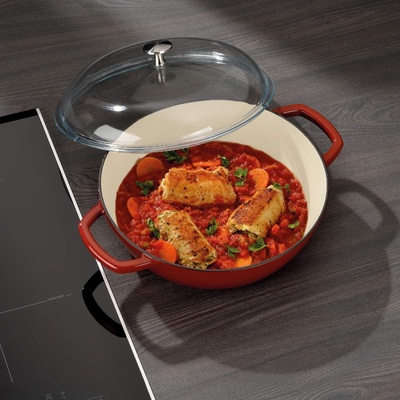 Kela 28 см червена чугунена плитка тенджера със стъклен капак KELA от серия Calido
