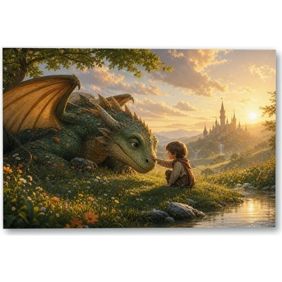 Plakát – Dítě a drak v květinové krajině 135 × 90 cm Bez rámu Ne Bez rámu