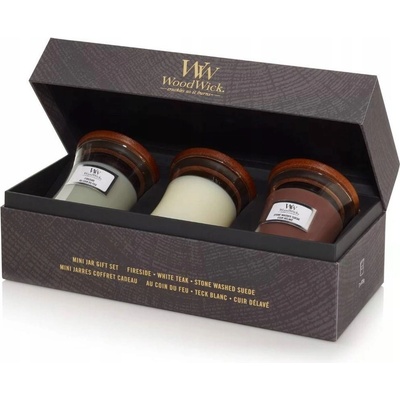 Woodwick Fireside & White Teak & Stone Wash Suede 3 x 85 g