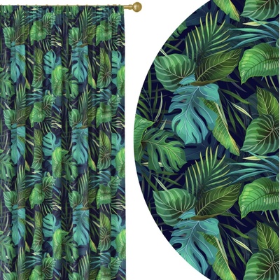 Soovi Home Zatemňovací záves Jungle Midnight – sýtozelené tropické listy na tmavomodrom podklade Veľkosť: 140x300 na riasiaci pás